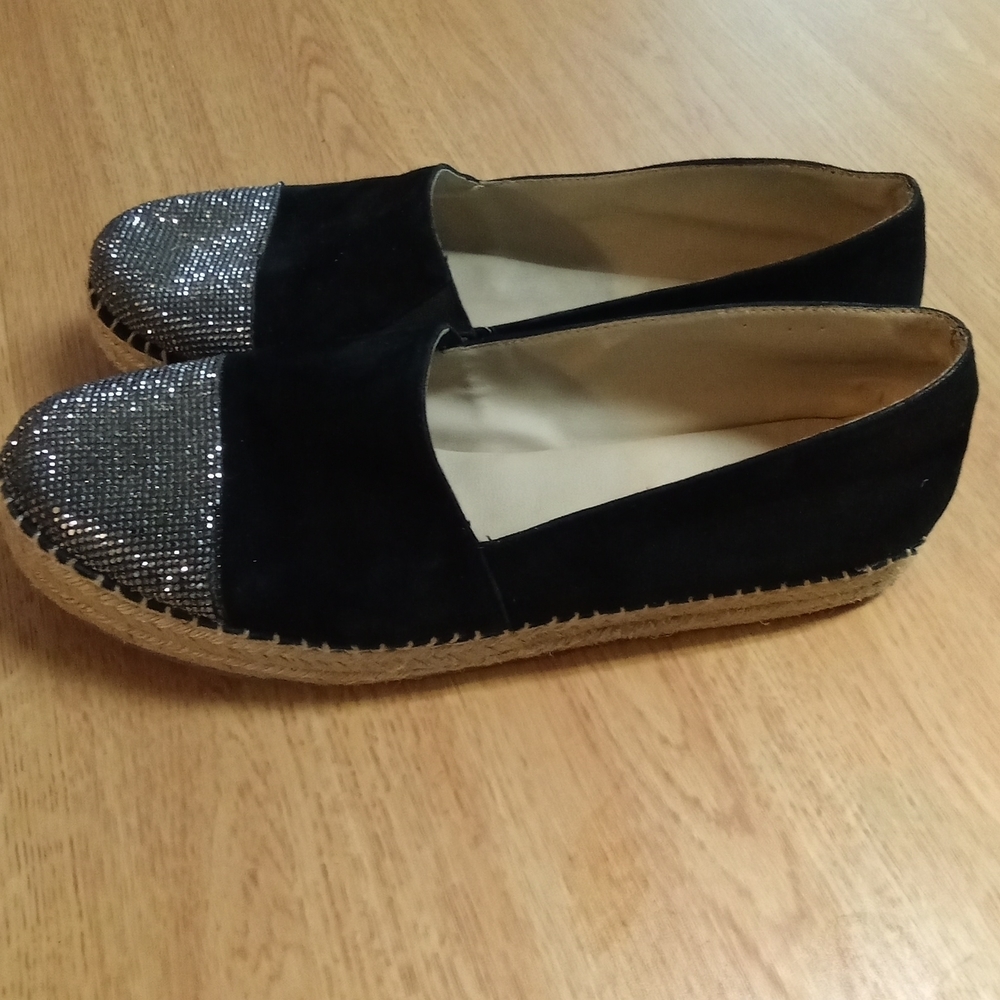 Steve Madden leather and glitter looking toes espadrilles black 9.5